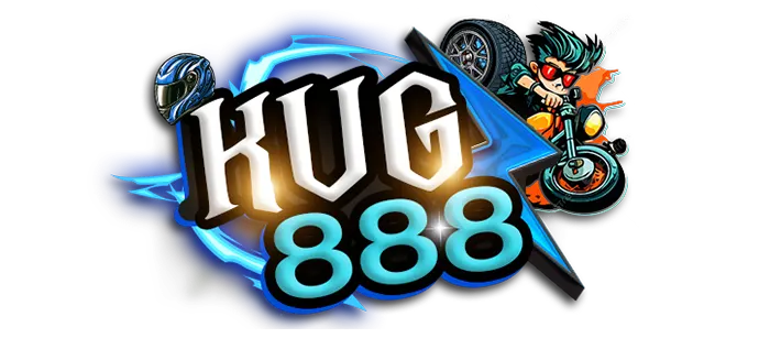 โลโก้ kug888 ตัวอักษรสีทองและฟ้า พร้อมมาสคอตการ์ตูนขี่มอเตอร์ไซค์ สื่อถึงเว็บสล็อตและคาสิโนออนไลน์